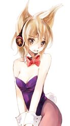  alternate_costume bare_shoulders brown_eyes brown_hair brown_legwear bunny_tail bunnysuit makuwauri open_mouth pantyhose short_hair simple_background solo tail touhou toyosatomimi_no_miko v_arms white_background wrist_cuffs 
