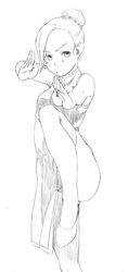  china_dress chinese_clothes copyright_request fighting_stance hair_bun leg_up looking_at_viewer majima_yuki short_hair simple_background solo standing_on_one_leg traditional_media white_background 