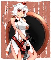  alternate_costume aoshima breasts dress gloves hat highres inubashiri_momiji red_eyes shield short_hair sleeveless sleeveless_dress solo sword tokin_hat touhou weapon white_hair 