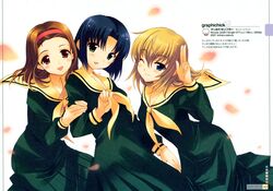  absurdres arm_grab black_hair blonde_hair blue_eyes blue_hair brown_eyes brown_hair commentary friends green_eyes hair_between_eyes highres long_sleeves maria-sama_ga_miteru mizuno_youko multiple_girls petals pleated_skirt qp:flapper sakura_koharu satou_sei scan school_uniform serafuku short_hair skirt torii_eriko white_background wink 