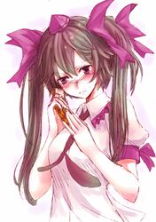  blush brown_hair cellphone hat himekaidou_hatate holding kuronekonero long_hair necktie phone pink_eyes rough shirt solo tokin_hat touhou twintails white_background white_shirt 