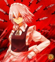  braid gloves highres izayoi_sakuya knife maid maid_headdress pocket_watch red_eyes short_hair silver_hair smile solo touhou tsuna_maru twin_braids watch 
