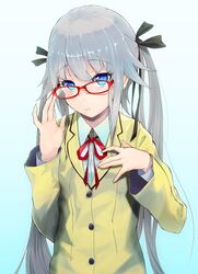  absurdres adjusting_glasses bespectacled bishoujo_mangekyou blush coat fukurou_(suga0930) glasses hair_ribbon highres kagamino_kirie long_hair looking_at_viewer red-framed_glasses ribbon solo twintails 
