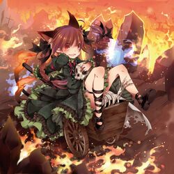  animal_ears bow braid cat_ears cat_tail cross dress extra_ears fangs fire green_dress hair_bow highres juliet_sleeves kaenbyou_rin leg_ribbon long_hair long_sleeves multiple_tails open_mouth pointy_ears puffy_sleeves red_eyes sitting skeleton skull slit_pupils smile solo tail touhou toutenkou twin_braids wheelbarrow 