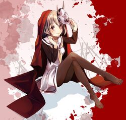  black_legwear blonde_hair blush brown_hair crossed_legs holding legs_crossed looking_at_viewer mask original pantyhose school_uniform serafuku shiki_nozi sitting smile solo toes 