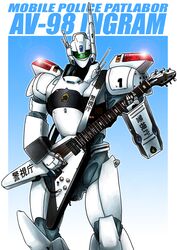  90s absurdres antennae av-98_ingram character_name electric_guitar emblem flying_v fukushima_nyuugyou_inc green_eyes guitar highres instrument kidou_keisatsu_patlabor mecha oldschool police science_fiction 