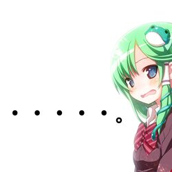  1girl alternate_costume blue_eyes blush frog_hair_ornament green_hair hair_ornament hair_tubes kiira kochiya_sanae long_hair looking_at_viewer open_mouth school_uniform solo touhou wavy_mouth white_background 