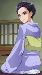  aoki_shizuko blue_eyes blue_hair from_behind hair_up haruyama japanese_clothes kimono looking_back obi precure seiza sitting smile smile_precure! solo table tatami zabuton 