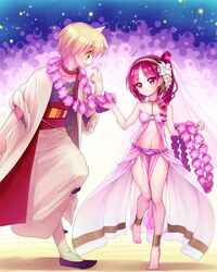  1girl ali_baba_saluja ankle_cuffs anklet barefoot blonde_hair blush dress flower hair_flower hair_ornament jewelry lei lelouch_lamperouge magi_the_labyrinth_of_magic minami_(apricot_tea) morgiana navel red_hair redhead yellow_eyes 