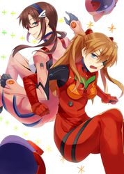  brown_hair evangelion:_3.0_you_can_(not)_redo eyepatch fang fujisaki_hikari glasses hair_ornament hairband headwear_removed helmet helmet_removed locked_arms long_hair makinami_mari_illustrious multiple_girls neon_genesis_evangelion open_mouth plugsuit prime rebuild_of_evangelion shikinami_asuka_langley smile soryu_asuka_langley souryuu_asuka_langley 