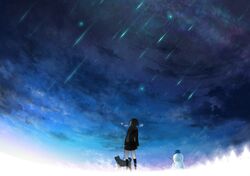  highres kneehighs original scarf scenery shooting_star skirt sky snow snowman star_(sky) tokiti 