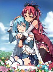  ;d bare_shoulders belt black_legwear blue_eyes blue_hair blush boots cape detached_sleeves flower_field hair_ornament hairclip hand_on_another's_head hand_on_another's_head highres long_hair magical_girl mahou_shoujo_madoka_magica miki_sayaka multiple_girls open_mouth red_eyes red_hair redhead sakura_kyouko short_hair sitting skirt sky smile tears thigh-highs thigh_boots thighhighs ulrich_(tagaragakuin) wink 