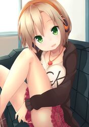  :d binsen brown_hair clothes_writing collarbone couch green_eyes headphones highres idolmaster idolmaster_cinderella_girls jewelry looking_at_viewer necklace open_mouth plaid plaid_skirt short_hair sitting skirt smile solo tada_riina 