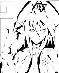  hat high_contrast hong_meiling looking_at_viewer monochrome potato_pot shikishi smile solo touhou traditional_media 