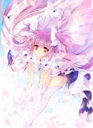  carnelian down_blouse dress goddess_madoka kaname_madoka light_smile long_hair looking_at_viewer mahou_shoujo_madoka_magica petals pink_hair red_eyes smile solo sparkle spoilers texture thigh-highs thighhighs twintails two_side_up ultimate_madoka white_legwear 
