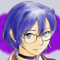  blue_hair choker ear_studs earrings glasses hakamichi_shizune jewelry katawa_shoujo mysterycycle portrait purple_eyes short_hair smile solo violet_eyes 