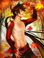  1boy abs bare_chest brown_eyes brown_hair collarbone hakama japanese_clothes jippei katanagatari leaf long_hair male maple_leaf navel ponytail shirtless tree very_long_hair yasuri_shichika 