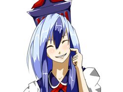  blue_hair closed_eyes eyes_closed hat kamishirasawa_keine long_hair potato_pot simple_background smile solo touhou white_background 