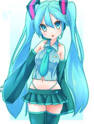  1girl aqua_eyes aqua_hair detached_sleeves hatsune_miku headset inaka_keikou long_hair midriff navel necktie open_mouth skirt sleeves_past_wrists solo thighhighs twintails very_long_hair vocaloid 