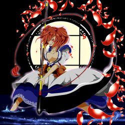  blush breasts looking_at_viewer onozuka_komachi potato_pot red_eyes scythe smile solo touhou 