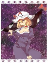  alternate_hair_length alternate_hairstyle asa_natsume blonde_hair blue_eyes breasts doily dress gap hair_between_eyes hat hat_ribbon lips purple_background purple_dress ribbon short_hair sleeves_past_wrists smile solo touhou yakumo_yukari 