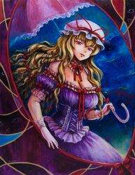  alternate_hairstyle blonde_hair breasts cleavage corset dress drill_hair embellished_costume gap gloves gown highres light_smile lipstick long_hair looking_down makeup oil_painting_(medium) parasol purple_dress red_eyes red_lipstick ribbon signature solo tafuto touhou traditional_media umbrella yakumo_yukari 