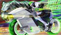  character_name motor_vehicle motorcycle oborohizuki_no_misago power_armor power_suit solo superhero tiger tiger_&amp;_bunny vehicle wild_tiger 