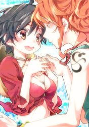  1girl :d bangle black_hair black_legwear blush bracelet breasts genderswap hat jewelry log_pose luffyko monkey_d_luffy nami namizou one_piece open_mouth orange_eyes orange_hair red_eyes scar smile straw_hat tattoo yurihara_aki 