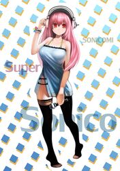  bare_shoulders black_legwear character_name headphones huiyulain long_hair microphone nitroplus pink_hair red_eyes solo super_sonico thigh-highs thighhighs 