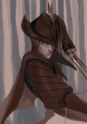  berserk blank_eyes bow_(weapon) cape forest hat irvine_(berserk) k-rei nature solo tree weapon 