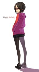  black_eyes black_hair black_legwear fkey glasses hands_in_pockets happy_birthday hood legwear_under_shorts original pantyhose shadow short_hair shorts simple_background smile solo white_background 
