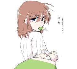  blue_eyes brown_hair kano_penguin lyrical_nanoha mahou_shoujo_lyrical_nanoha mahou_shoujo_lyrical_nanoha_a's mahou_shoujo_lyrical_nanoha_a's_portable:_the_battle_of_aces mahou_shoujo_lyrical_nanoha_a's mahou_shoujo_lyrical_nanoha_a's_portable:_the_battle_of_aces material-s popsicle short_hair solo sweater translated translation_request 