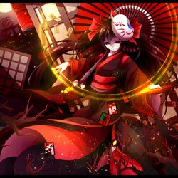 black_hair fox_mask hanafuda hatsune_miku japanese_clothes kimono long_hair lyodi mask musunde_hiraite_rasetsu_to_mukuro_(vocaloid) oriental_umbrella pale_skin red_eyes solo twintails umbrella very_long_hair vocaloid 