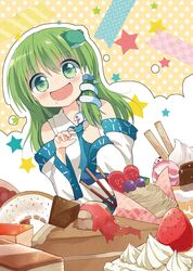  bare_shoulders cake food frog_hair_ornament green_eyes green_hair hair_ornament hair_tubes heart heart-shaped_pupils japanese_clothes kochiya_sanae long_hair miko miyamaki pocky saliva smile snake_hair_ornament solo star symbol-shaped_pupils tears touhou 