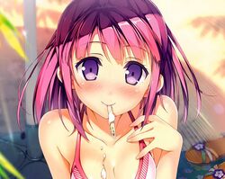  bikini blush breasts bust kantoku mouth_hold original popsicle purple_eyes purple_hair riv sandals smile solo swimsuit violet_eyes 