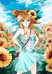  bare_shoulders blonde_hair blue_eyes boku_wa_tomodachi_ga_sukunai collarbone dress flower futami_jun hat hat_flower highres kashiwazaki_sena long_hair looking_at_viewer sky solo sunflower wind 