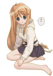  1girl barefoot blue_eyes brown_hair hair_ornament hairclip hiiragi_akao hoodle jinki kiku_(popolina) long_hair simple_background sitting skirt solo very_long_hair 