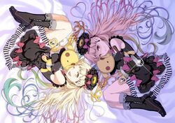  axe doll dress elbow_gloves gloves gradient_hair hug kneehighs long_hair mayu_(vocaloid) multicolored_hair multiple_girls pairan piano_print smile vocaloid weapon yandere 