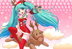  antlers aqua_eyes aqua_hair armpits cloud clouds detached_sleeves earrings hat hatsune_miku jewelry long_hair open_mouth outstretched_arm reindeer riding sakiyamama santa_costume santa_hat shorts sitting solo star thigh-highs thighhighs twintails very_long_hair vocaloid 