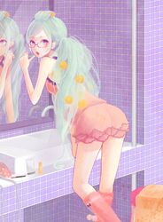  bathroom bespectacled blue_eyes coma_(fginiy) glasses green_hair hatsune_miku highres kneehighs leaning_forward long_hair looking_back mirror reflection sink solo very_long_hair vocaloid 