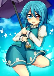  :p beniponzu blue_eyes blue_hair blush heterochromia karakasa_obake long_sleeves red_eyes short_hair skirt smile solo star tatara_kogasa tongue touhou umbrella 