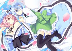 bare_shoulders black_legwear blue_eyes blue_sky blush breasts cherry_blossoms cleavage collarbone dress ears green_dress hair_ribbon hand_holding hat holding_hands japanese_clothes kimono konpaku_youmu konpaku_youmu_(ghost) long_sleeves multiple_girls natsume_eri obi pink_eyes pink_hair ribbon saigyouji_yuyuko silver_hair sky smile thighhighs touhou triangular_headpiece wide_sleeves yuri