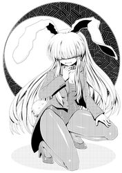 animal_ears bangs blunt_bangs blush breasts bunny_ears bunny_tail cleavage collar hair_over_eyes high_heels kanno_kengo leotard long_hair monochrome pantyhose rabbit_ears reisen_udongein_inaba solo squatting tail touhou 