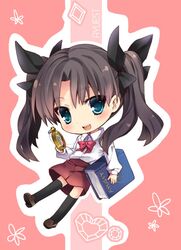  bankoku_ayuya black_legwear blue_eyes blush book brown_hair chibi child clock fate/stay_night fate/zero fate_(series) hair_ribbon long_hair open_mouth pocket_watch ribbon solo thighhighs tohsaka_rin toosaka_rin twintails watch young 
