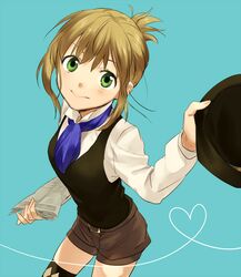  blue_background brown_hair green_eyes hat hat_removed headwear_removed heart heart_of_string leia_roland maruishi newspaper simple_background solo tales_of_(series) tales_of_xillia tales_of_xillia_2 vest 