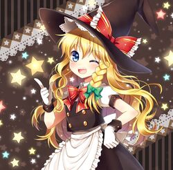  ;d apron blonde_hair blush bow braid gloves hair_bow hat hat_bow kirisame_marisa long_hair mauve open_mouth single_braid smile solo star touhou waist_apron wink witch_hat yellow_eyes 