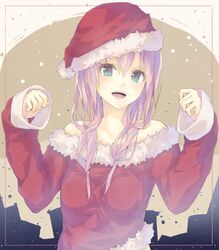  :d bare_shoulders blue_eyes border collarbone hat la-na long_hair open_mouth original pink_hair santa_hat smile solo 