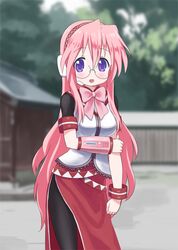  cosplay glasses headphones headset isou_nagi long_hair lucky_star megurine_luka megurine_luka_(cosplay) microphone pantyhose pink_hair purple_eyes takara_miyuki violet_eyes vocaloid 