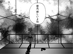  comic gogiga_gagagigo kaname_madoka kyubey mahou_shoujo_madoka_magica monochrome railing school_uniform short_twintails storm thigh-highs thighhighs translated twintails white_legwear window 