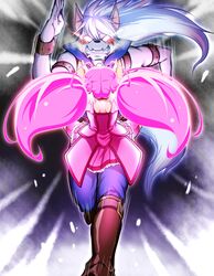  1girl angry arakawa_tarou bike_shorts blush boots clenched_teeth cure_happy dress glowing glowing_eyes grey_background hoshizora_miyuki hug leg_lock long_hair magical_girl pants pink_dress pink_hair precure running shorts_under_skirt skirt smile_precure! twintails werewolf white_hair wolfrun 